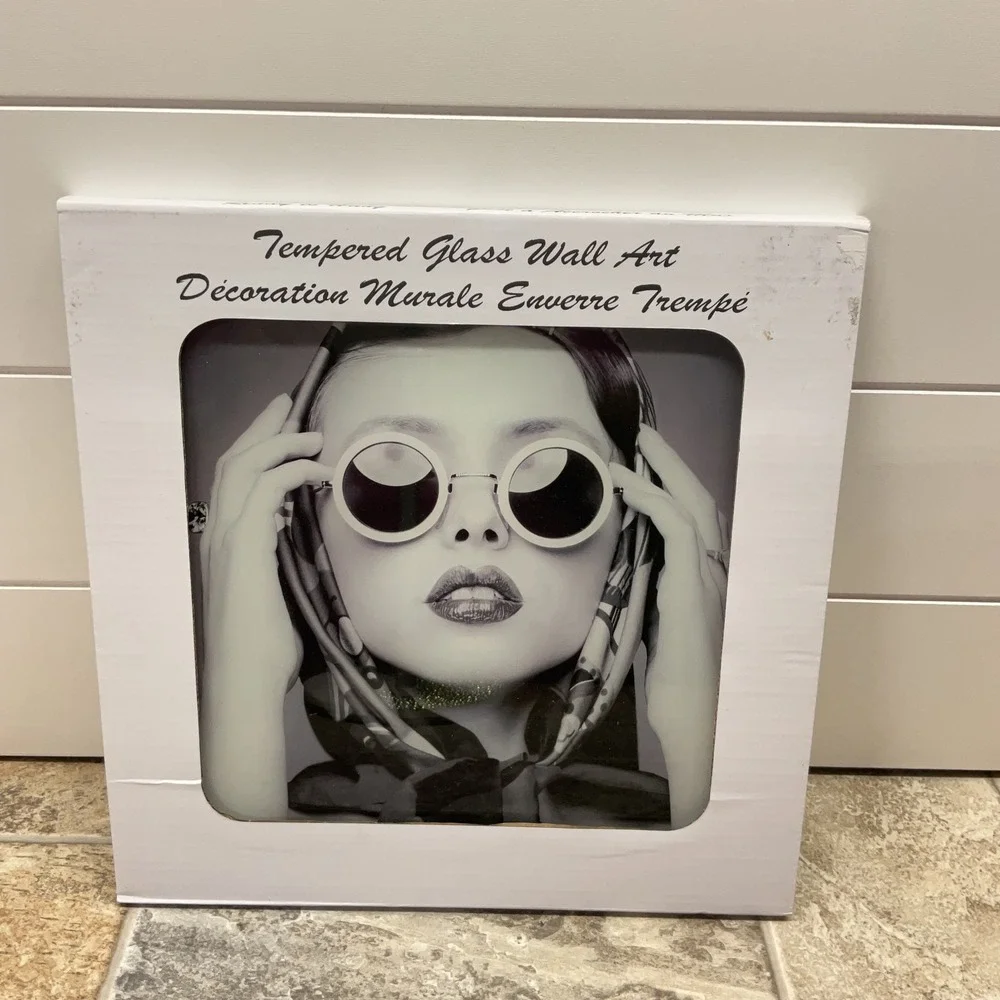 Tempered Glass Wall Art Black White Fashion Portrait Sunglasses 12x12 Modern